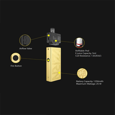 Authentic Uwell Valyrian 25W 1250mAh Pod System Vape Starter Kit - Gold, 3.0ml, 1.0ohm MTL / 0.6ohm DL
