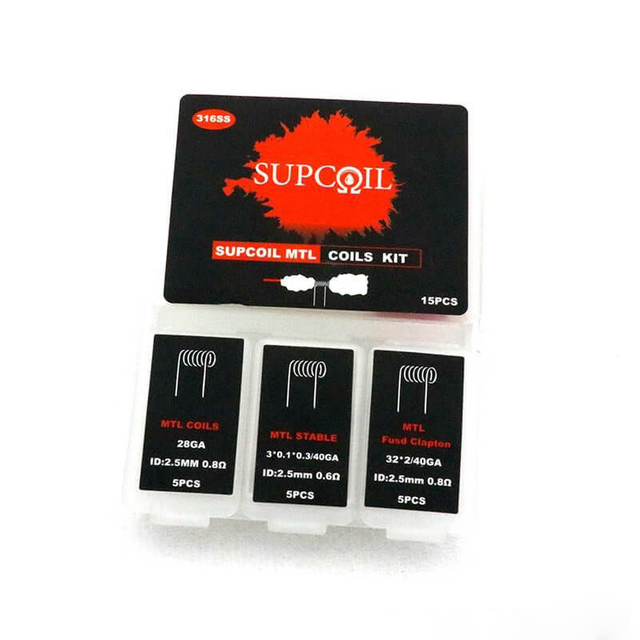 Authentic SUPCOIL MTL Coil + MTL Fused Clapton Coil + MTL Staple Coil Kit - SS316, 0.8 / 0.6 / 0.8ohm (15 PCS)