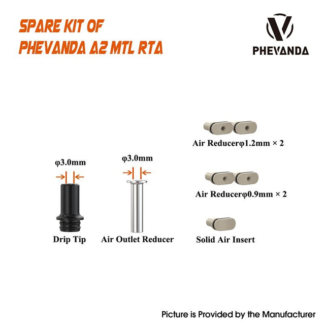 Phevanda A2 RTA MTL Air Set - 510 Drip Tip / Air Outer Reducer / 2 x 1.2mm / 2 x 0.9mm Air Reducer / Solid Air Insert