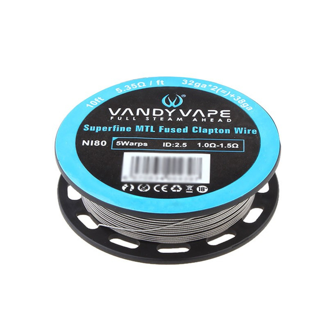 Autêntico Vandy Vape Superfina MTL MTL FIXO DE AQUECIMENTO CLAPTON NI80 - 32GA X 2 + 38GA, 5.35OHM / Ft (10 pés)