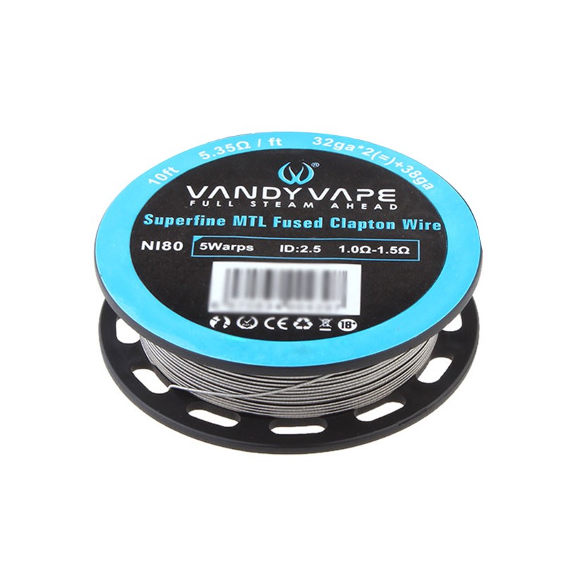 Vandy auténtico Vape Superfine MTL Clapton NI80 Cable de resistencia de calentamiento - 32Ga x 2 + 38GA, 5.35ohm / ft (10 pies)