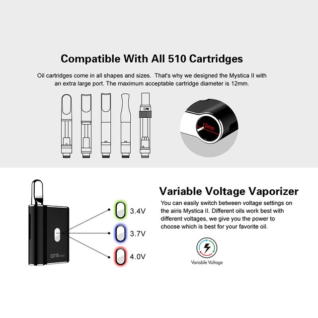 Airistech Mystica II 450mAh Vaporizer Built-in Battery Vape Mod w/ 12mm Diameter Hole for 510 Thread Atomizer