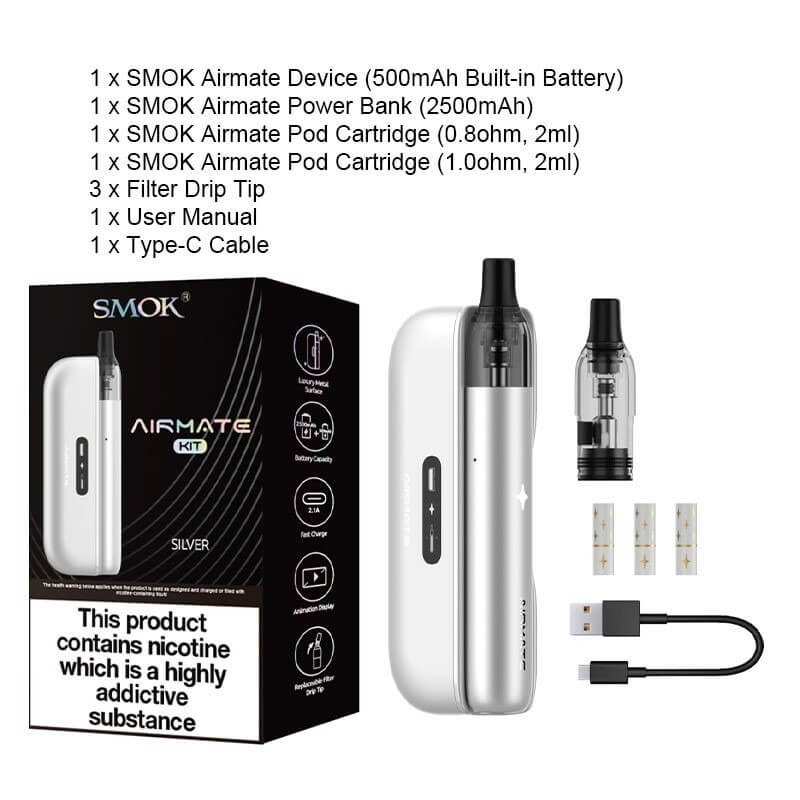 Authentisch SMOK Airmate Vape Kit - 500mAh Pod + 2500mAh Ladekoffer mit 2 ml Schoten