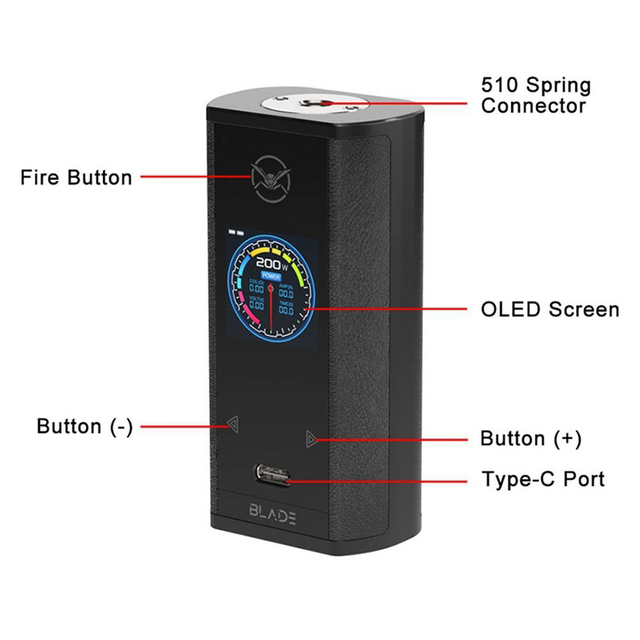 Oumier Blade TC VW Box Mod , VW 5~200W, TC 200~600'F / 100~315'C, 1.3" TFT Screen, 2 x 18650