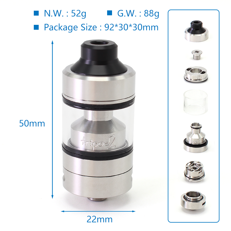 SXK Tripod 2 RTA Rebuildable Tank Atomizer - Silver, 2.0ml, 22mm