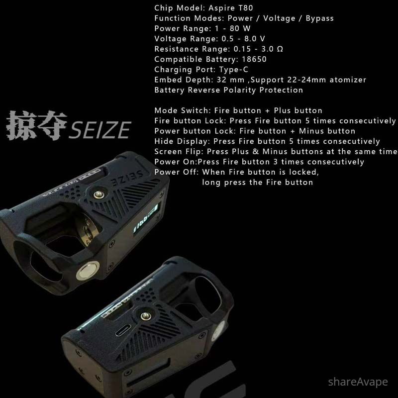 YFTK 3D Printed SEIZE 80W Box Mod – Aspire T80 Chip, 18650, VW/VV/Bypass
